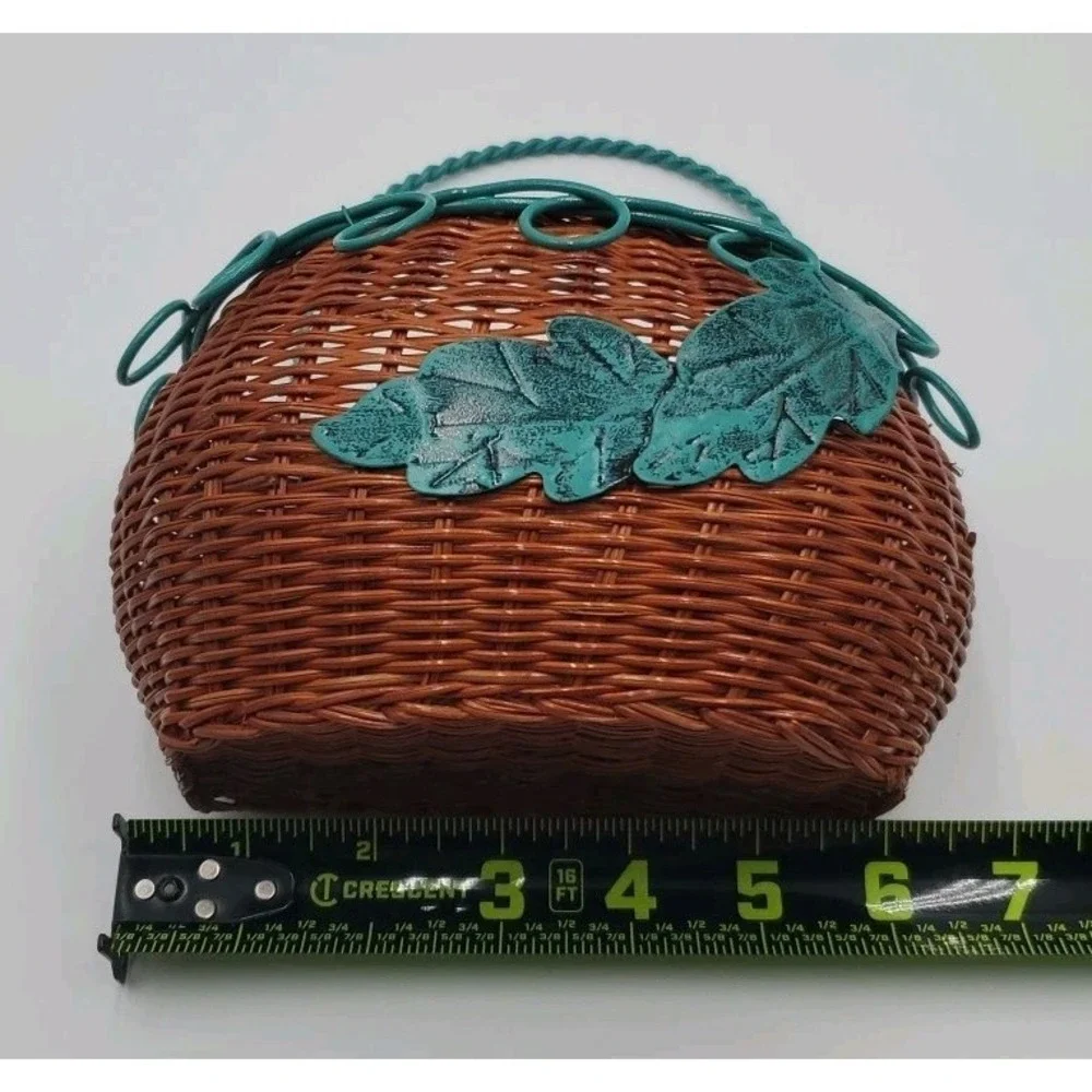 Decorative Hanging Wicker Basket with Green Metal Wire Cottagecore